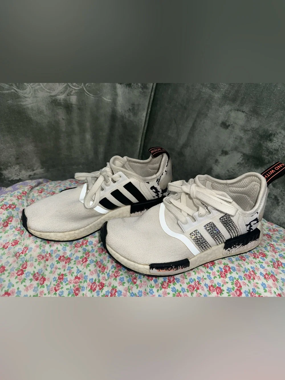 adidas White and Black Kids' Rhinestone Stripe Sneakers
